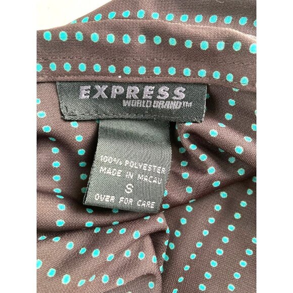 Express World Brand Chocolate Brown Teal Blue Swiss Dot Button Down Small - Picture 6 of 6